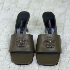 VERSACE La Medusa Slides Sandals 37 Heel Mules Camo Shoes